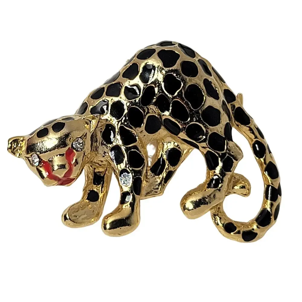 Vintage Gold Leopard Brooch Enamel Rhinestone Eyes Pin Animal Jewelry